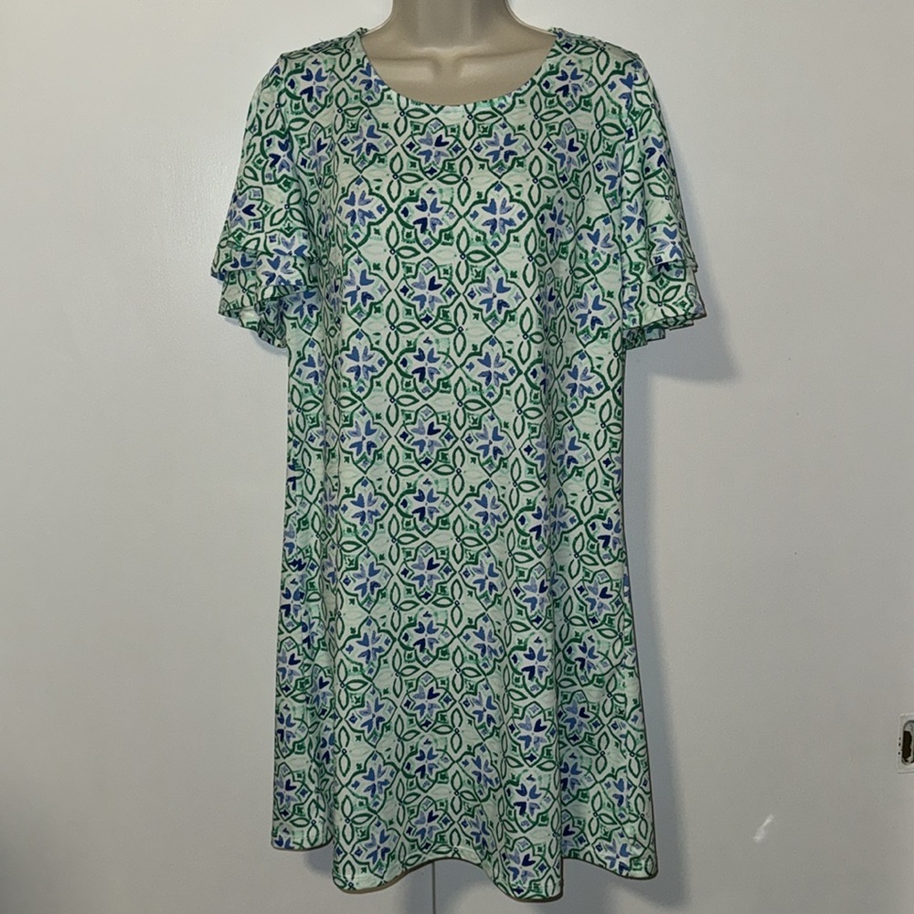 KIM ROGERS Sheath Dress w Layered Flutter Sleeve Green & Blue Women’s Medium M